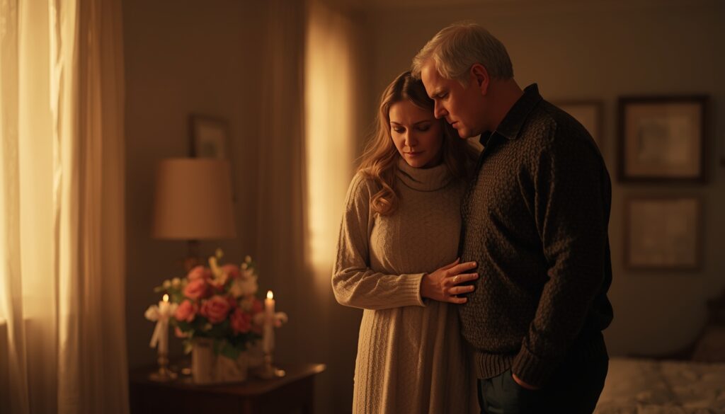 Grieving parents in a softly lit room with a symbolic tribute to a lost child.