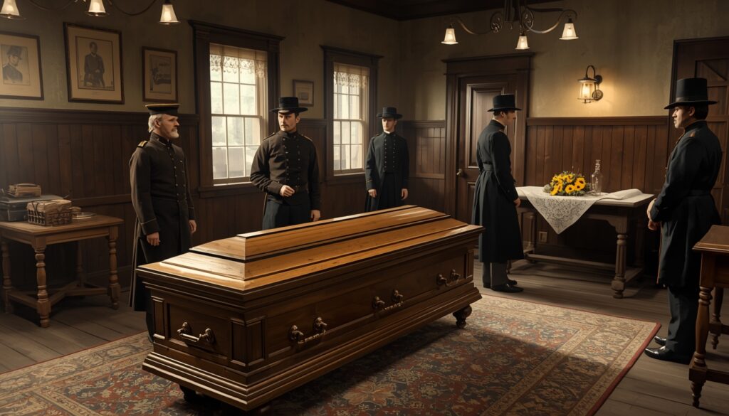 Historical funeral preparation room representing early embalming practices during the American Civil War