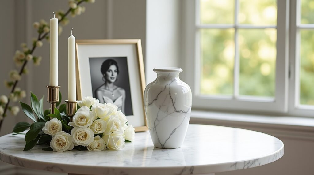 Memorial display with cremation urn, flowers, and framed photo