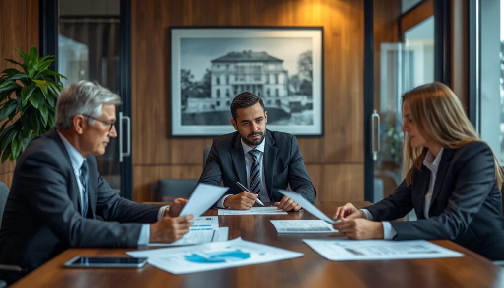 Professionals discussing business operations in the death care industry office setting.
