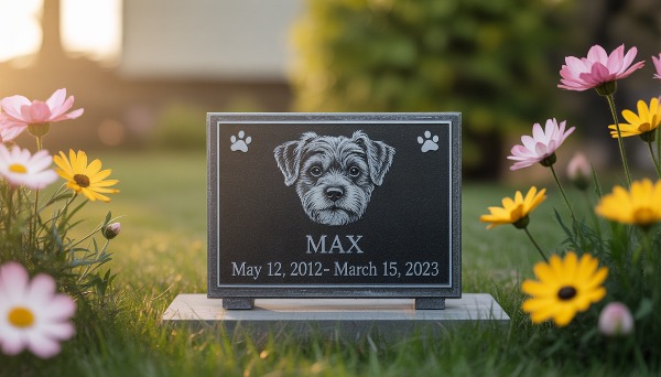 Memorial plaque for a beloved dog placed in a serene garden.