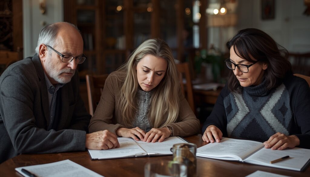 Family reviewing funeral planning documents while making memorial decisions.