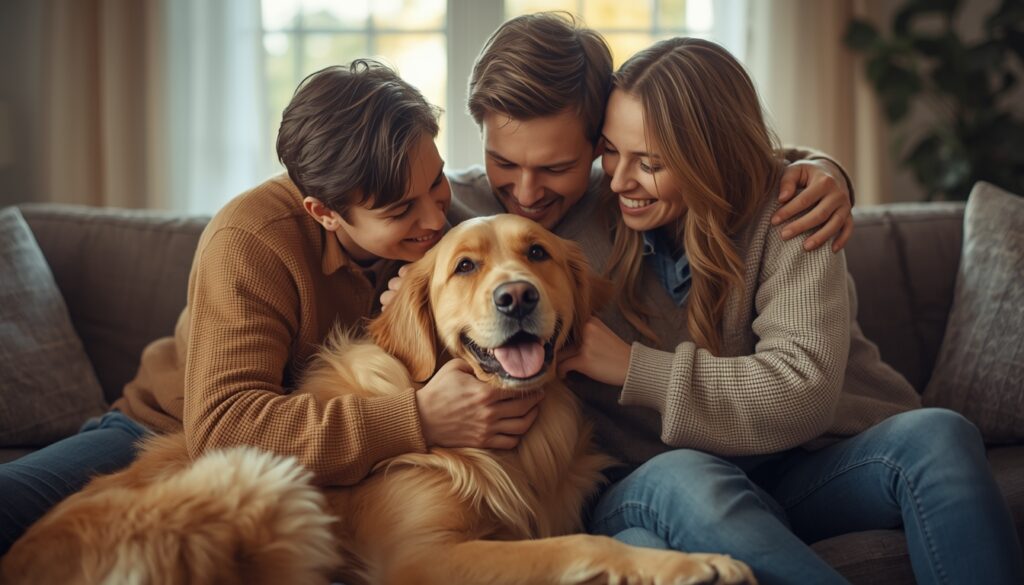 Family sharing a loving moment with their dog, highlighting the bond between pets and humans