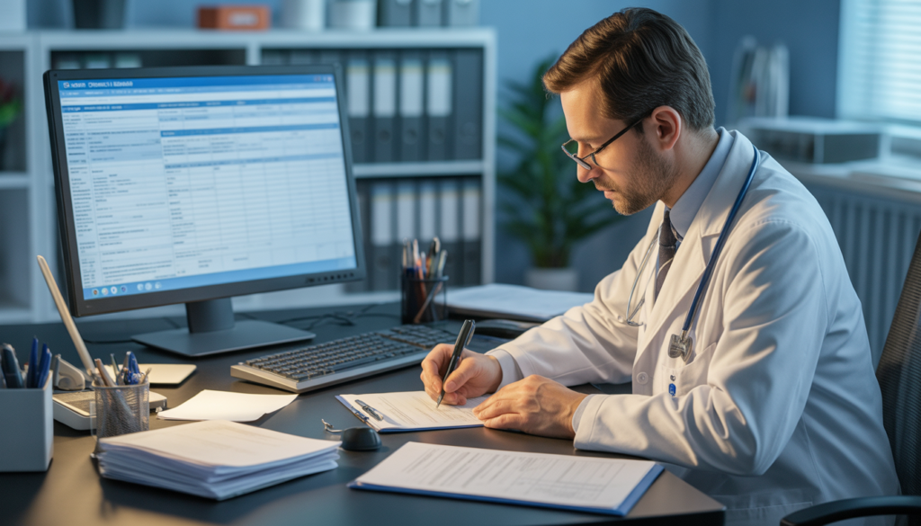 Forensic doctor preparing an official autopsy report in a medical office