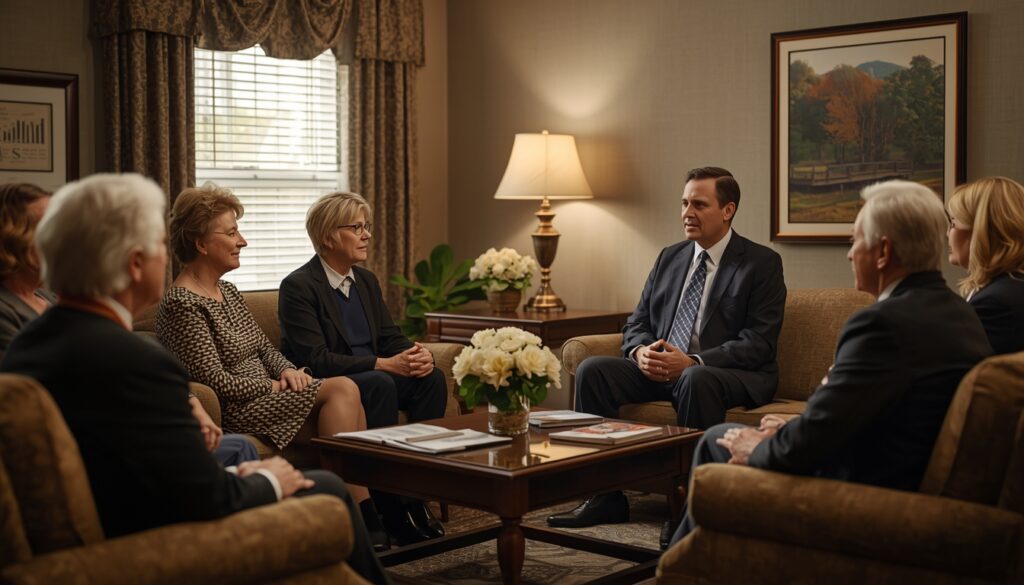 Funeral director providing informal grief counseling to a small group in a funeral home setting.