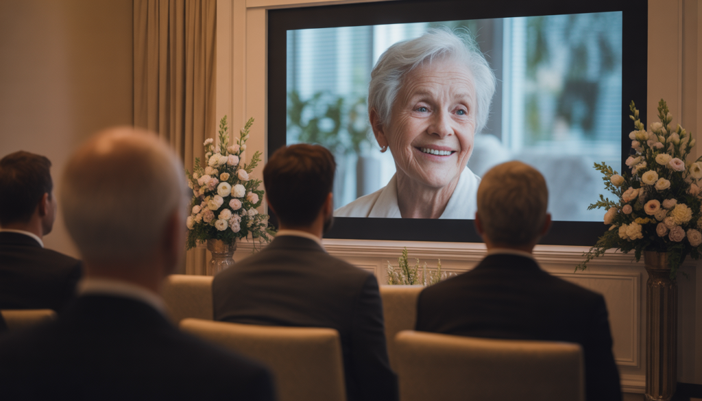 Memorial tribute video slideshow displayed on a screen during a funeral service.