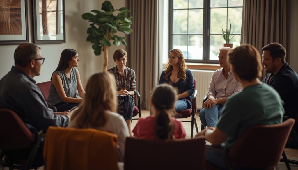 Support group for grieving individuals meeting in a funeral home or community center.