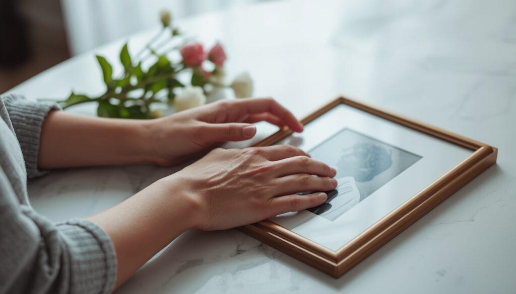 Hands holding a small memorial object symbolizing support and emotional healing after loss.