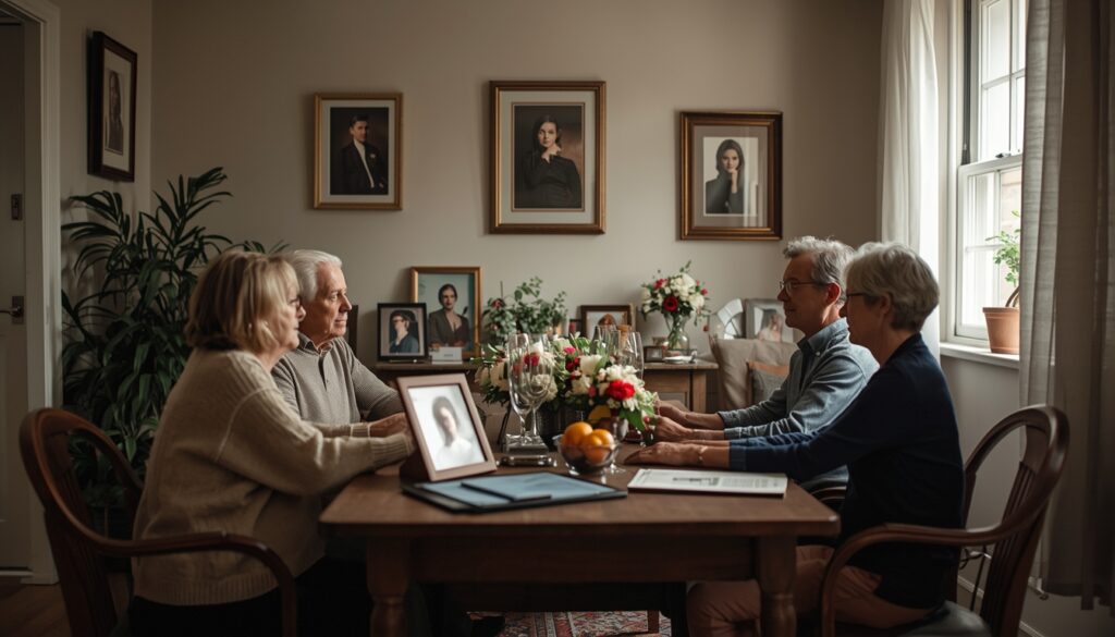 Family gathered in a simple home memorial setting with flowers and framed photos.