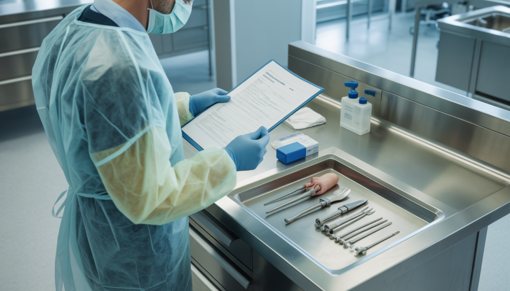Medical examiner reviewing case documents in a forensic pathology laboratory before an autopsy