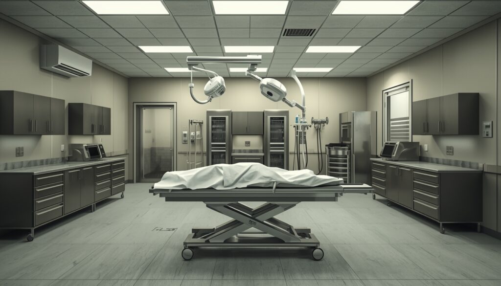 Modern funeral preparation room with embalming equipment arranged in a professional setting