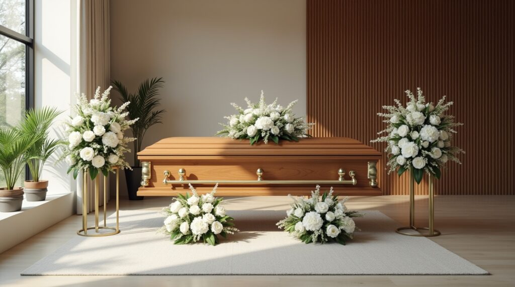 Modern funeral home interior with memorial setup and floral arrangements.
