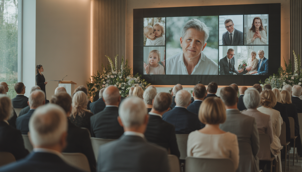Modern memorial service with a digital slideshow displayed on a screen inside a funeral chapel.