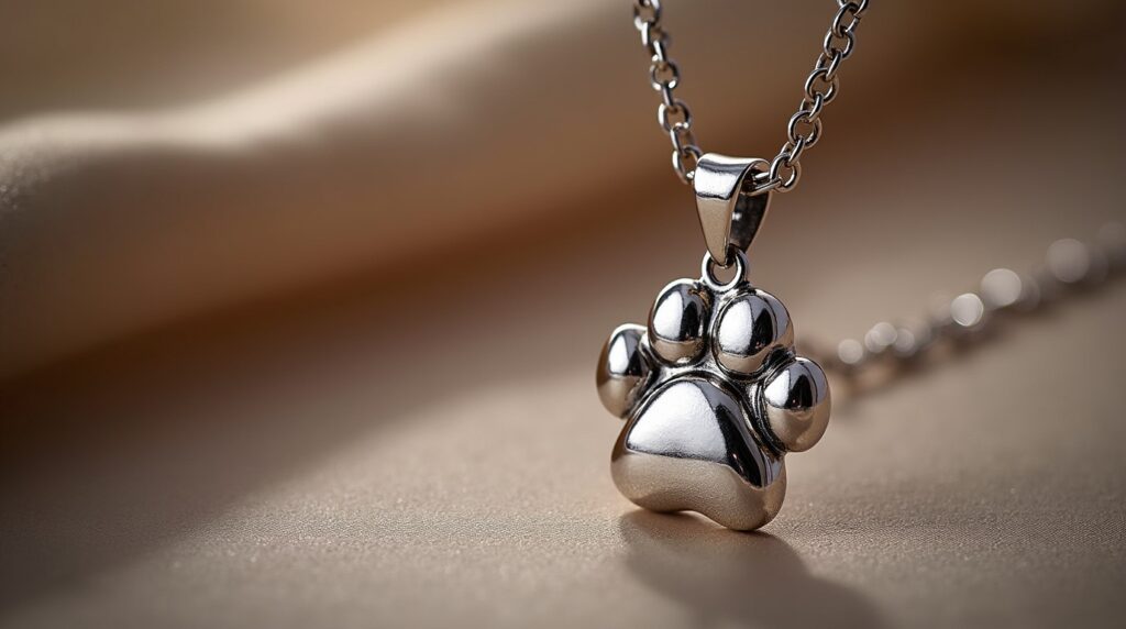 Paw shaped memorial necklace designed to hold pet cremation ashes