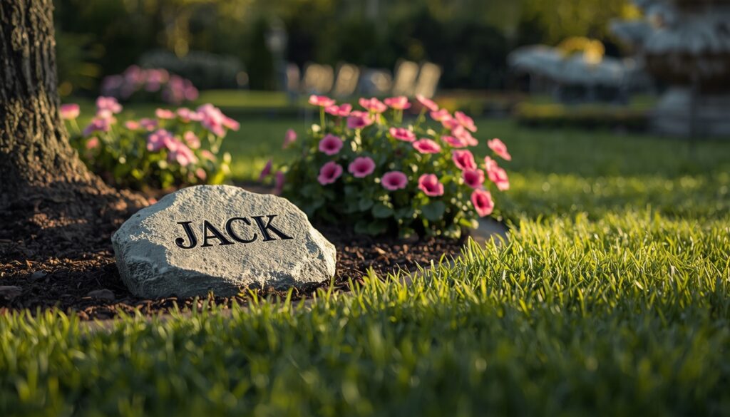 Small pet memorial stone in a peaceful garden with flowers