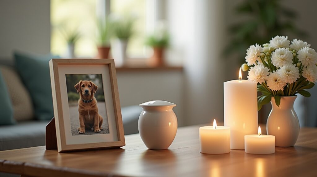 Memorial display honoring a beloved pet with photo, flowers, and candles