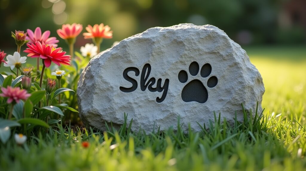Pet memorial stone with paw print engraving in a garden