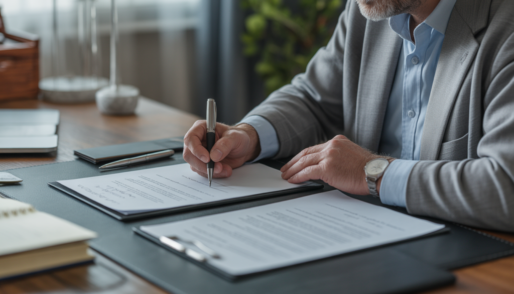 Person writing a legal will and planning final arrangements in a home office setting.
